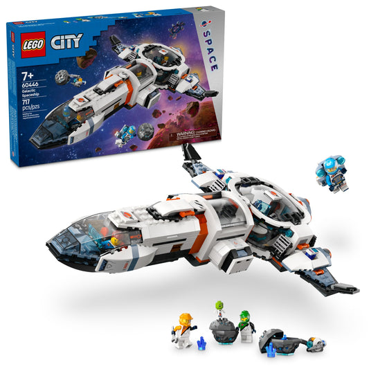 LEGO City Galactic Spaceship pieces assemble for imaginative space adventures.