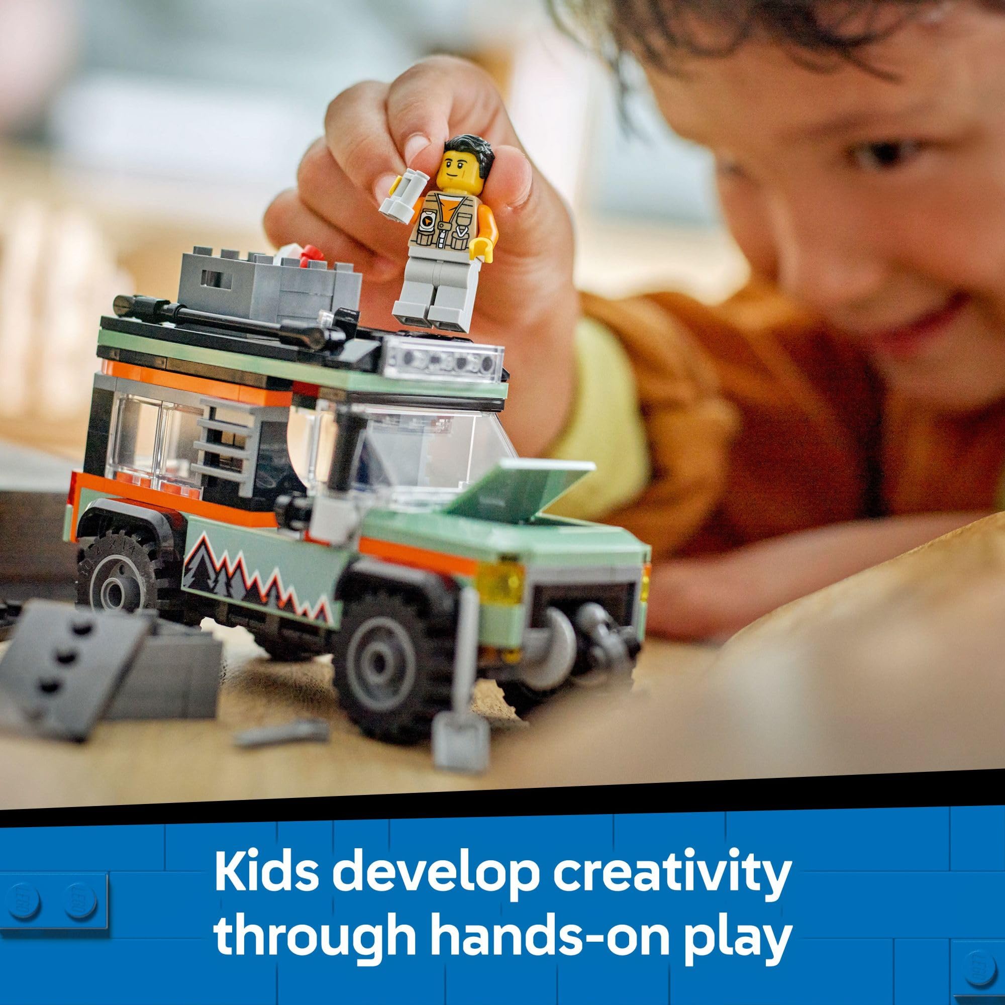 LEGO City Off-Road 4x4 Mountain Truck adventurer minifigure sparks role-play stories.