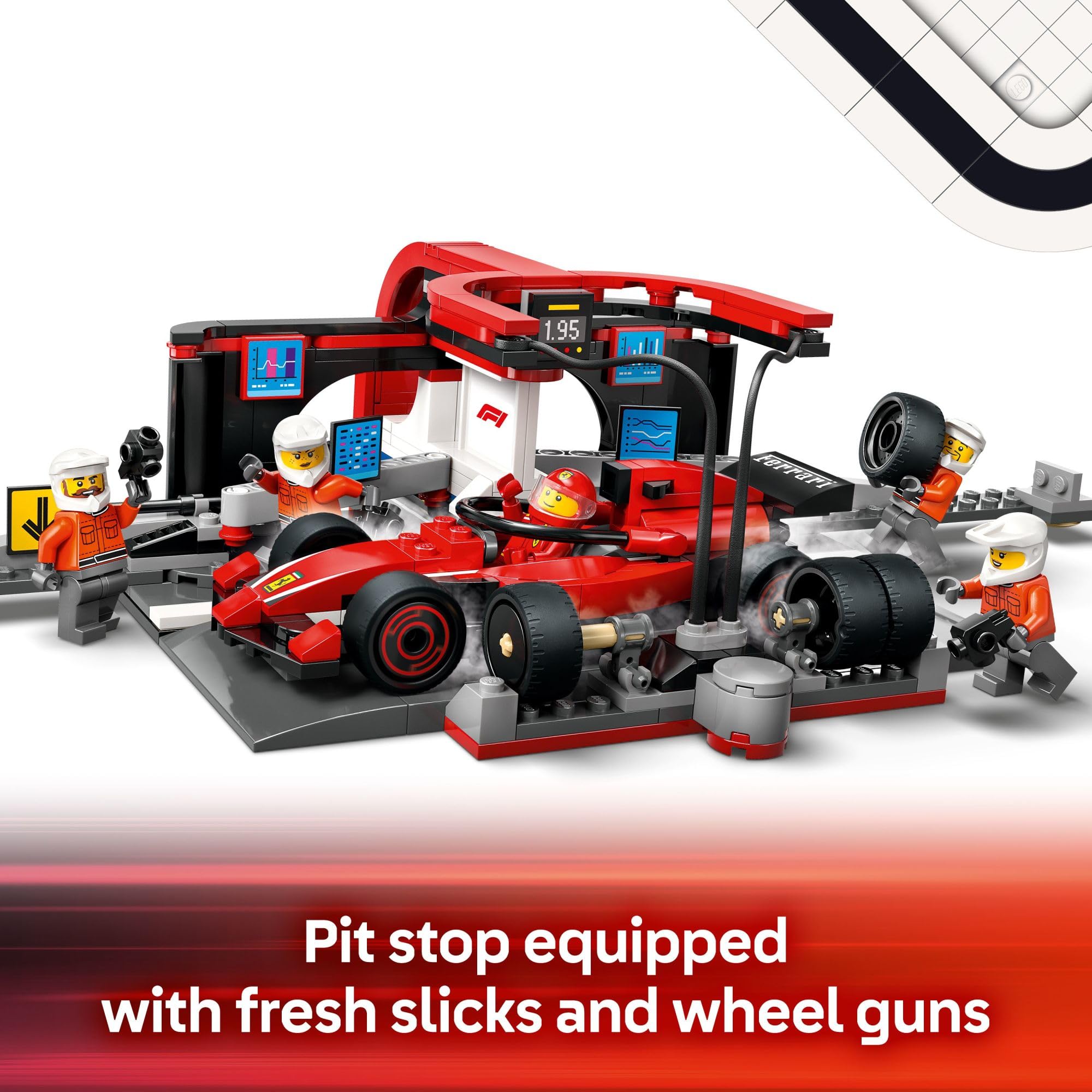 LEGO City pit stop tools and wheel guns in use during a mock change.