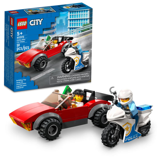 LEGO City Police Bike Car Chase 60392 image showing police bike and getaway car for imaginative play