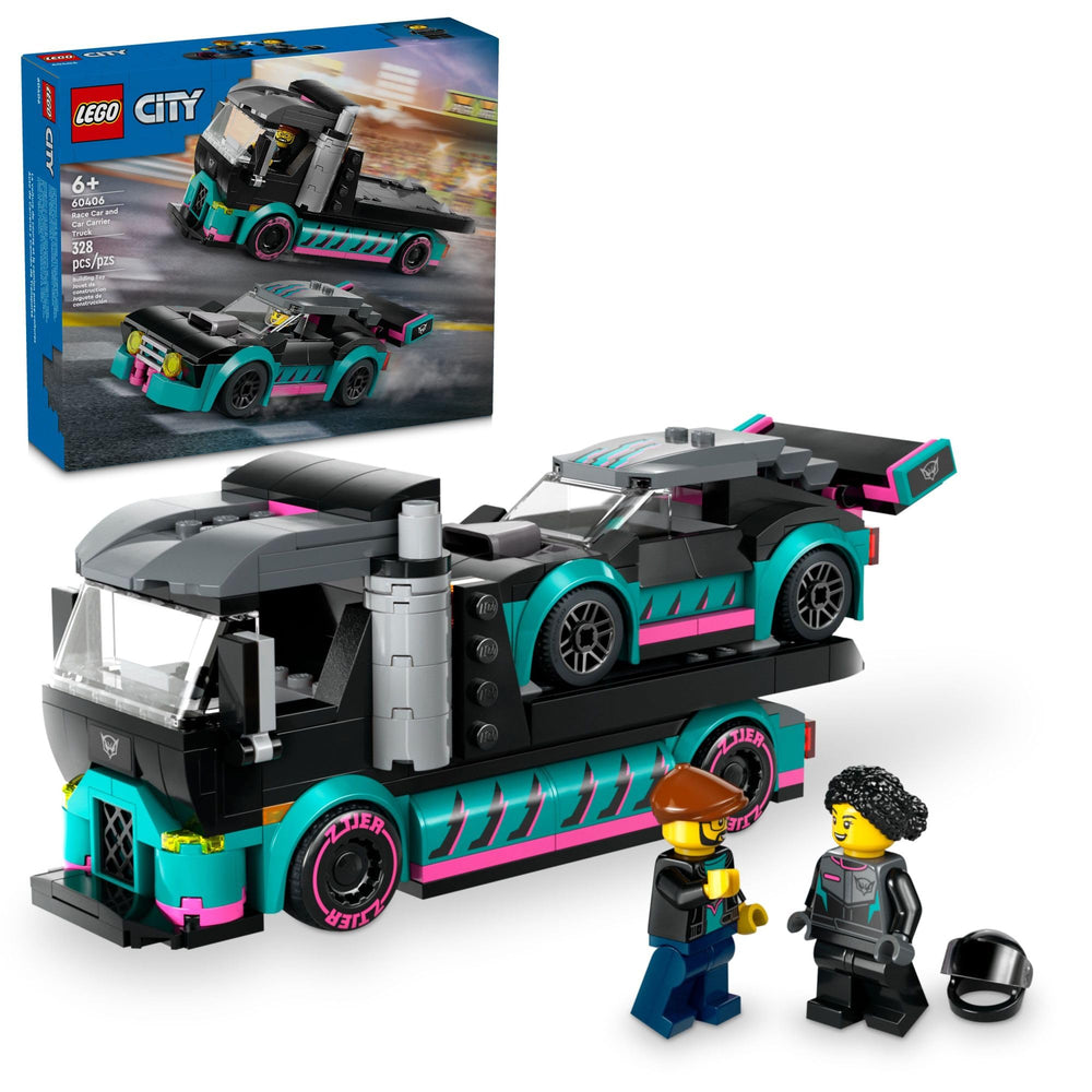 LEGO City Race Car with lowered suspension for realistic racing play.