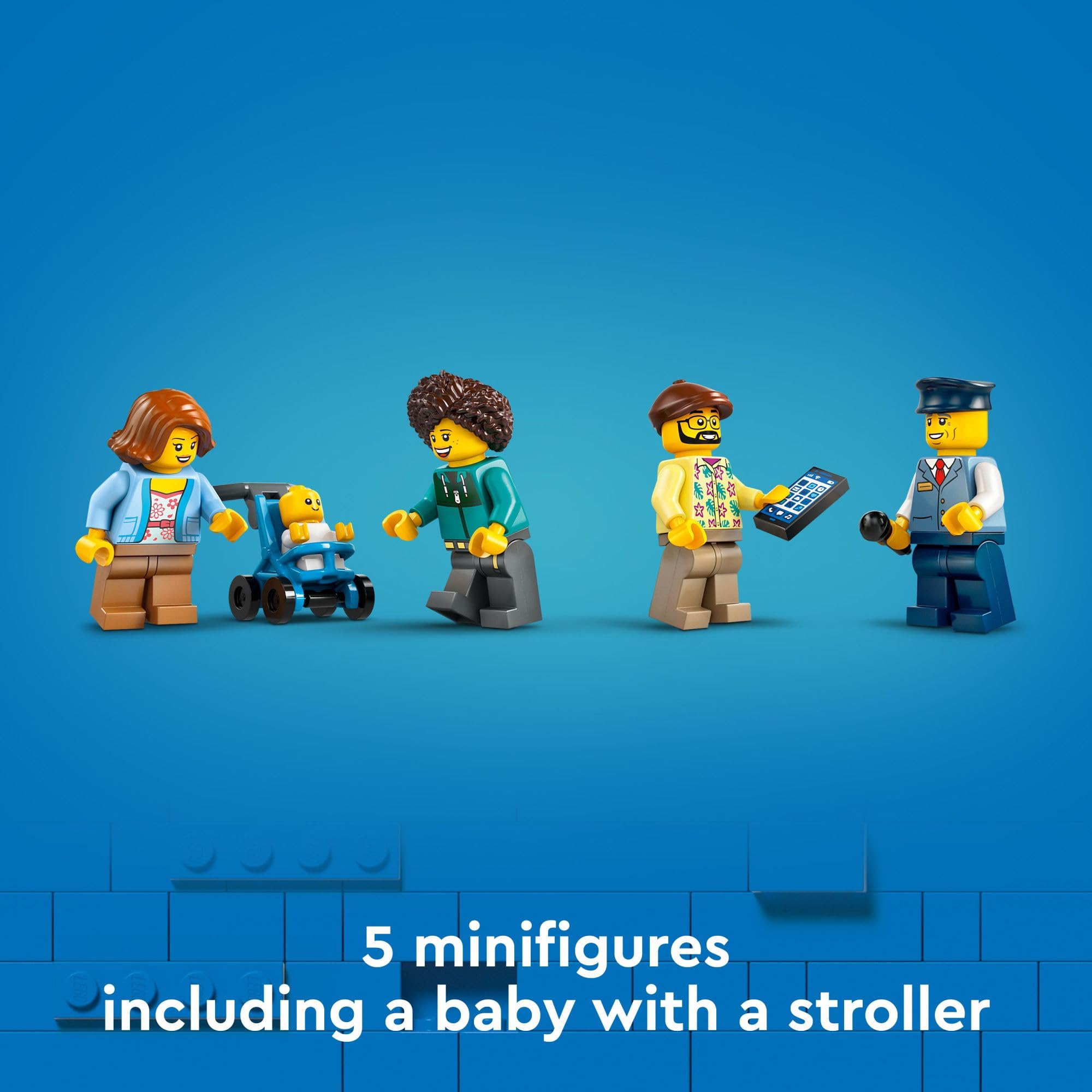 Five minifigures including baby with stroller enable varied storytelling