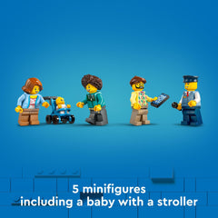 Five minifigures including baby with stroller enable varied storytelling