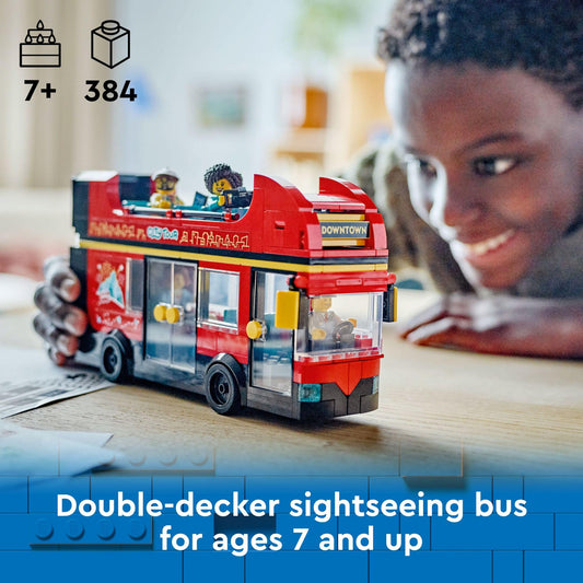 LEGO City bus side view showing open-air deck for imaginative sightseeing play