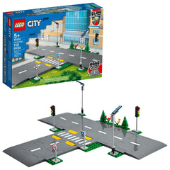LEGO City Road Plates glow-in-the-dark streetlights illuminate nighttime play scenes.