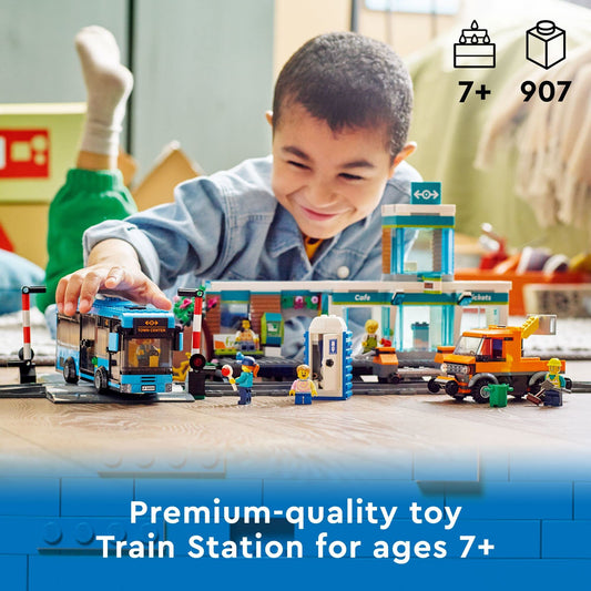 LEGO City Train Station 60335 road-and-rail truck—multi-scene play possibilities.