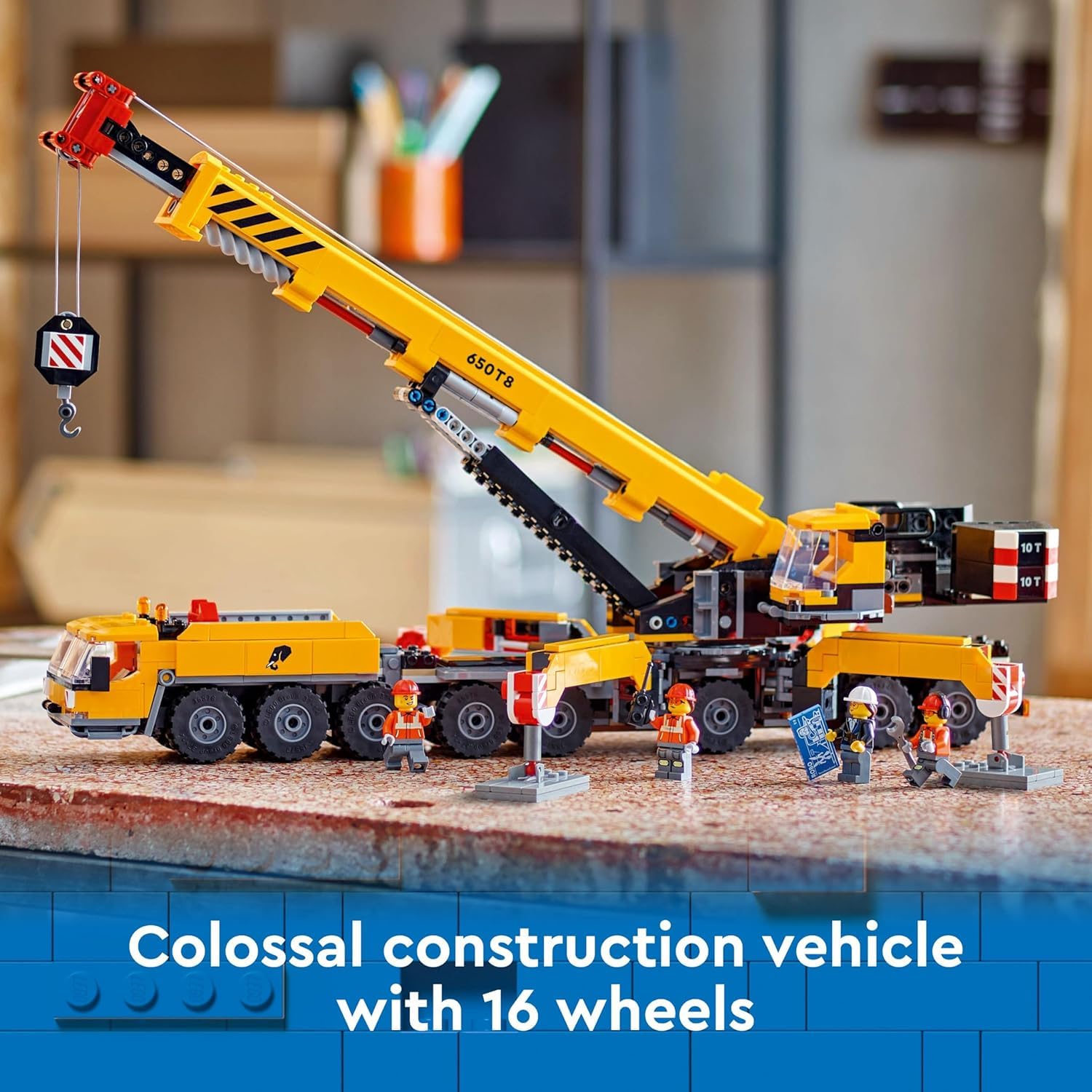 LEGO City yellow crane boom extended showing reach for play