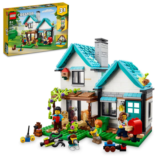 LEGO Creator Cozy House box front showing three build options for creative play.