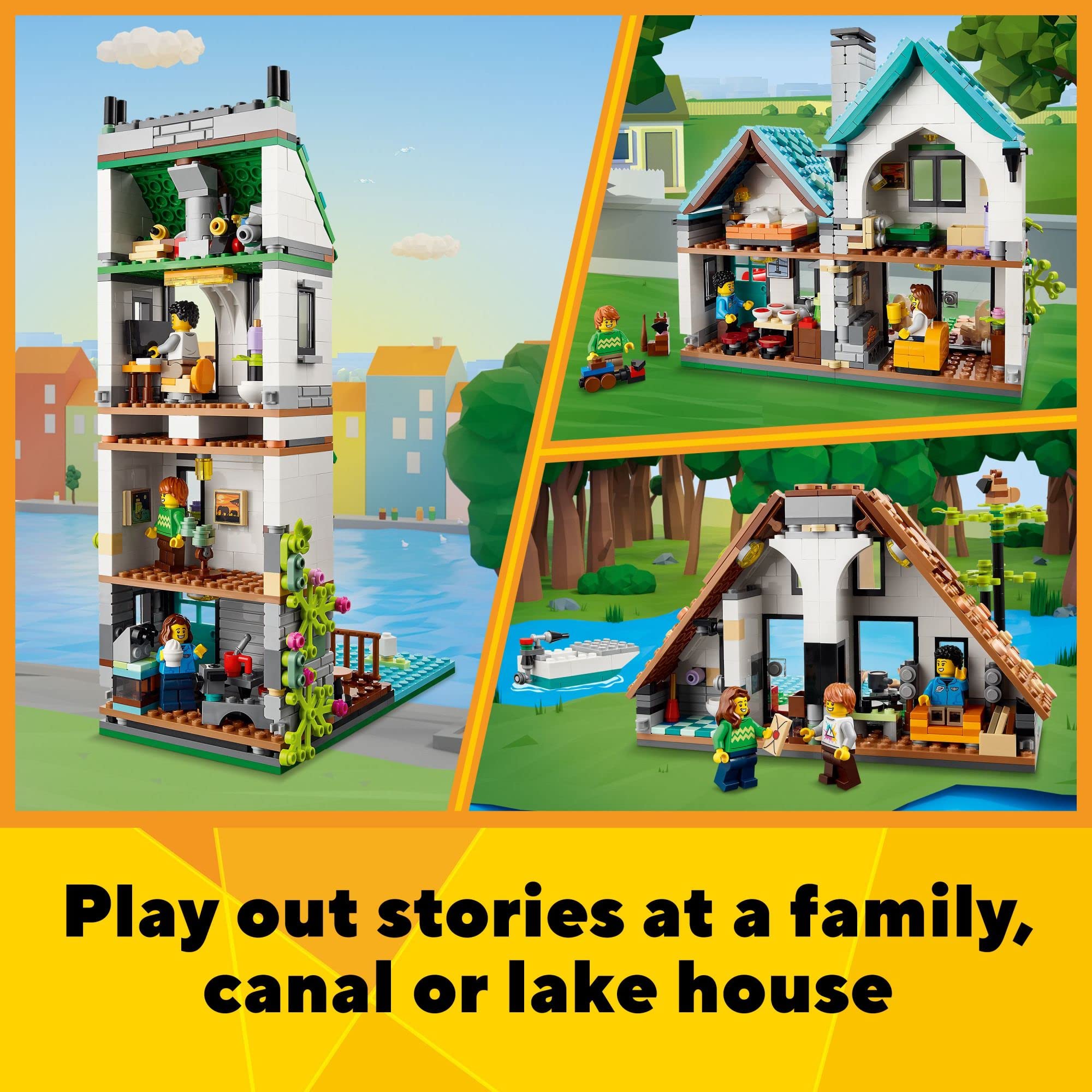 LEGO Creator Cozy House family room and kitchen interior for storytelling.