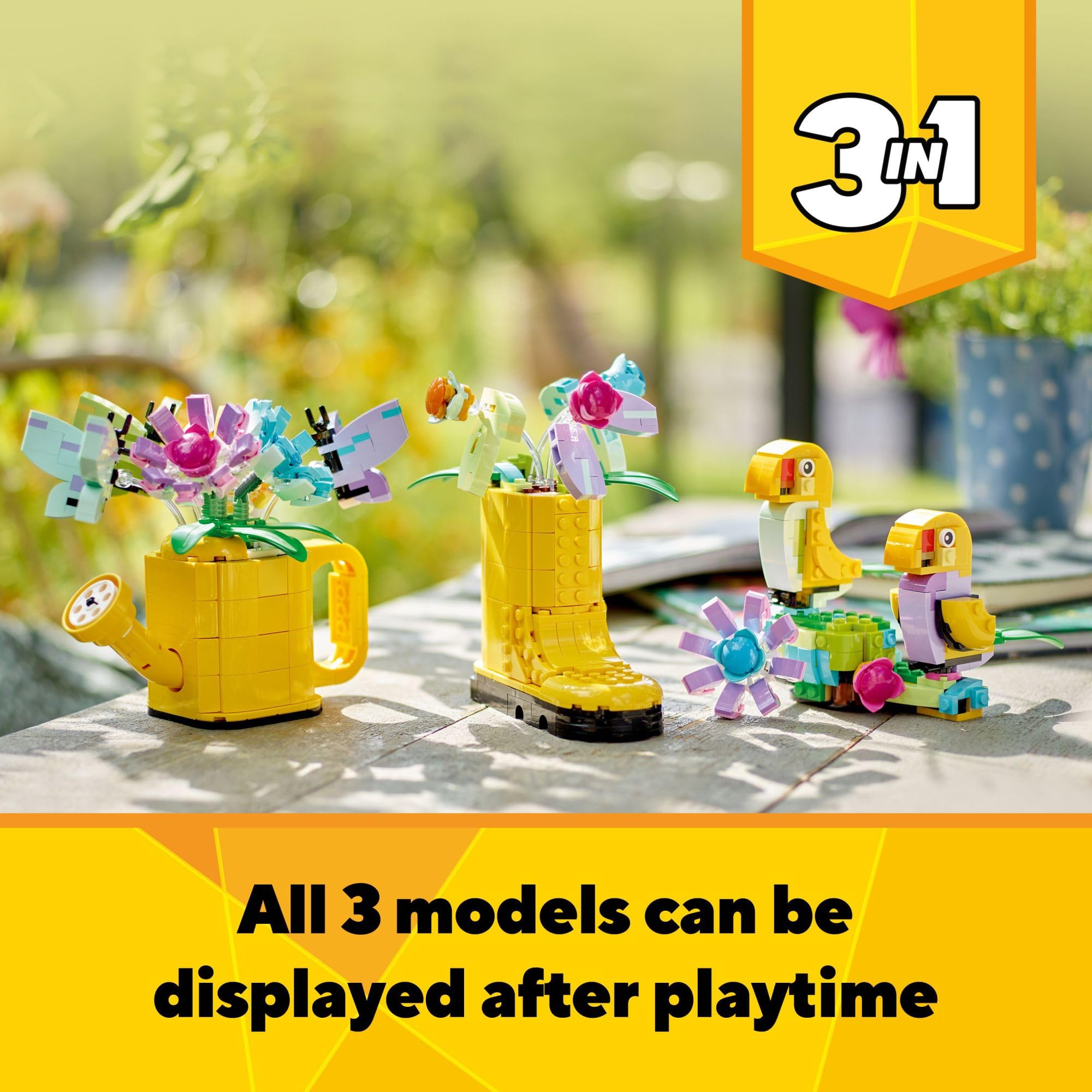 LEGO Creator 3-in-1 watering can display adds color to shelves.
