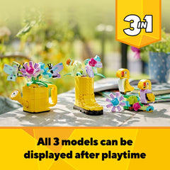 LEGO Creator 3-in-1 watering can display adds color to shelves.