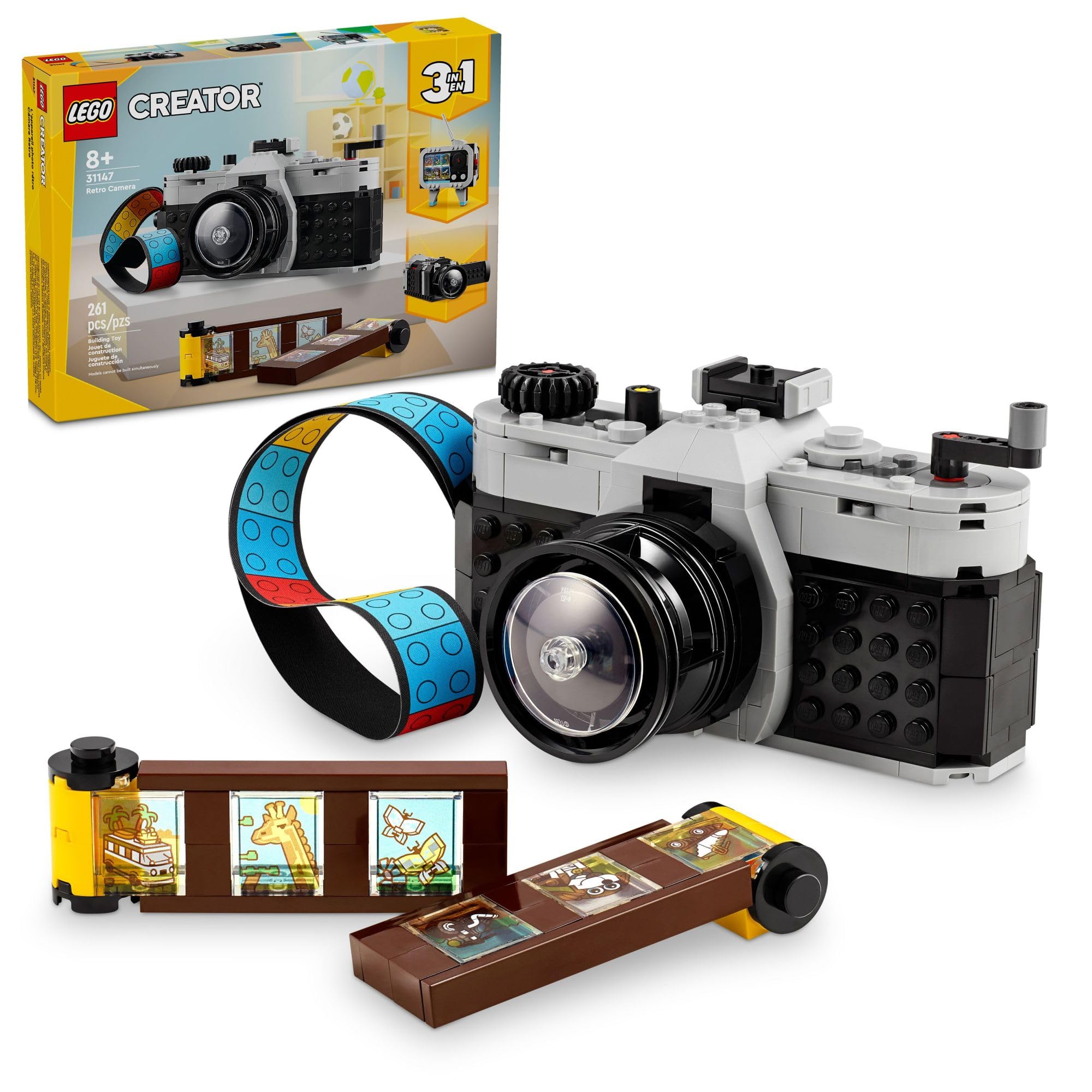 LEGO Creator 3-in-1 Retro Camera toy, front view, encourages imaginative photography play.