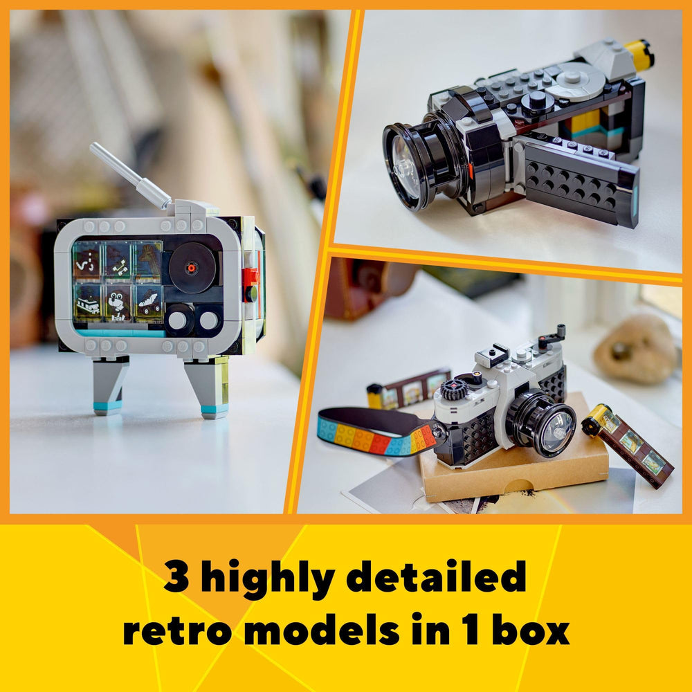 LEGO Creator 3-in-1 Retro Camera toy, side view, stimulates storytelling and building skills.