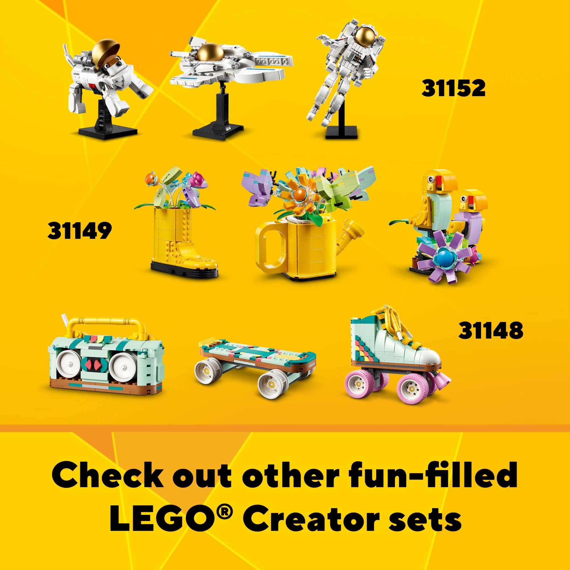 LEGO Creator 3-in-1 Retro models on shelf, display-worthy after play.