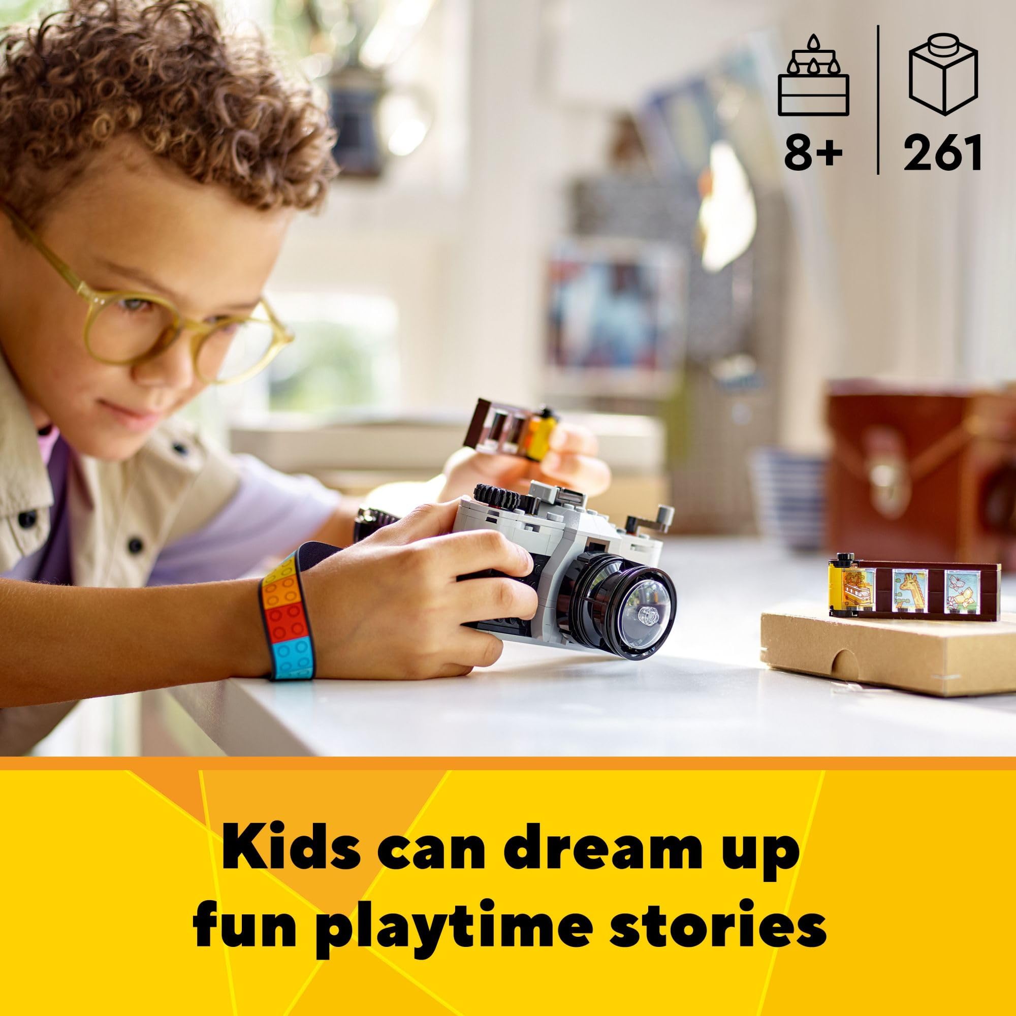 LEGO Creator 3-in-1 Retro Video Camera toy, open film compartment for pretend filming.