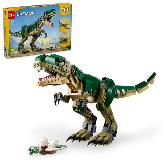 LEGO Creator 3-in-1 T. Rex pose with movable head and limbs for imaginative play.