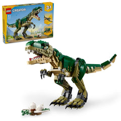 LEGO Creator 3-in-1 T. Rex pose with movable head and limbs for imaginative play.