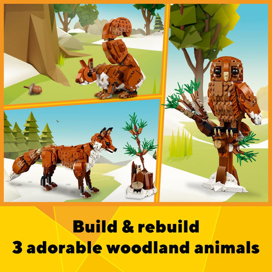 LEGO Creator 3in1 Red Owl toy perched on a branch for storytelling.