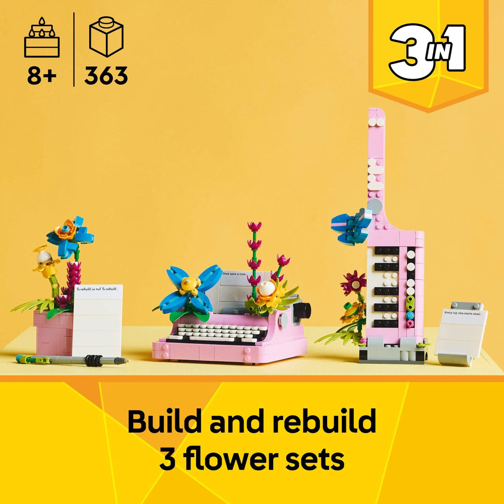 LEGO Creator 3in1 Typewriter with Flowers close-up of keyboard and flowers for creative storytelling.