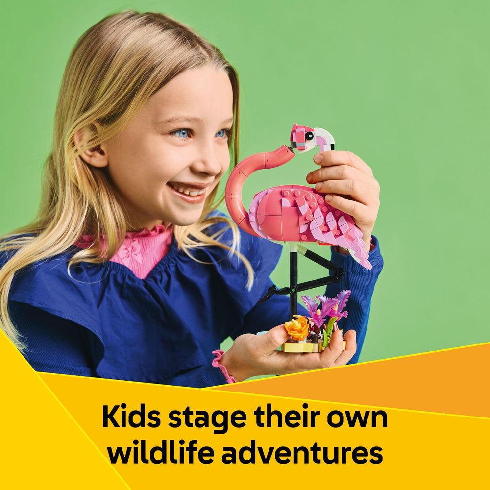 LEGO pink axolotl featuring underwater plants for imaginative aquatic adventures.
