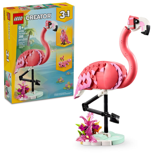 LEGO Creator 3-in-1 pink flamingo on plant stand for display and storytelling.