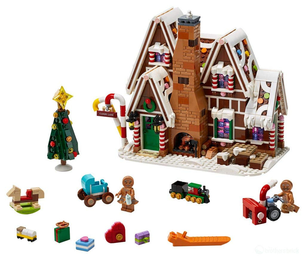 LEGO Gingerbread House candy cane columns create a whimsical holiday façade.