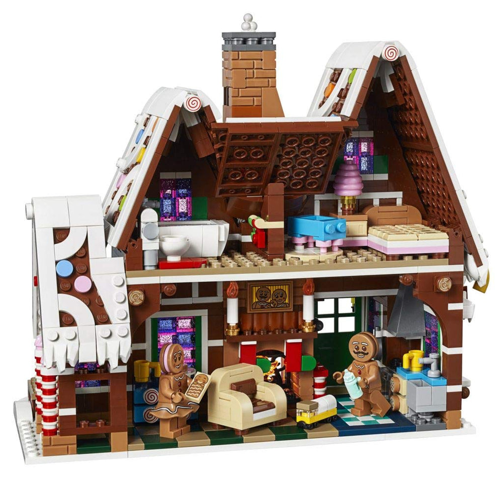 LEGO Gingerbread House interior bedroom features chocolate bed and cotton candy lamp.