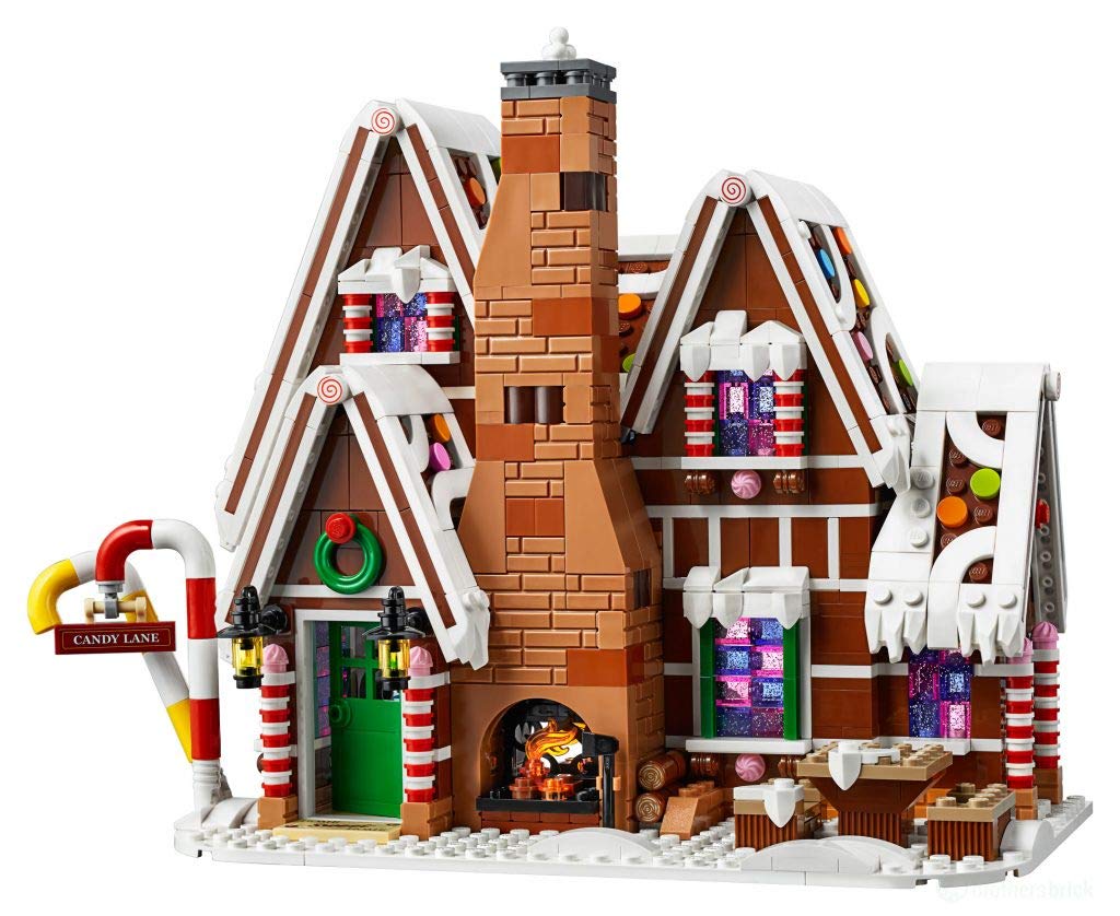 LEGO Gingerbread House tall chimney with glowing fireplace adds warm ambience.