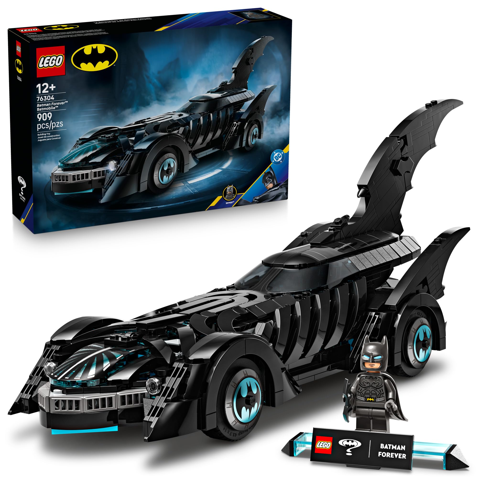 LEGO DC Batman Batmobile exterior front view showcases the iconic finned design for display.