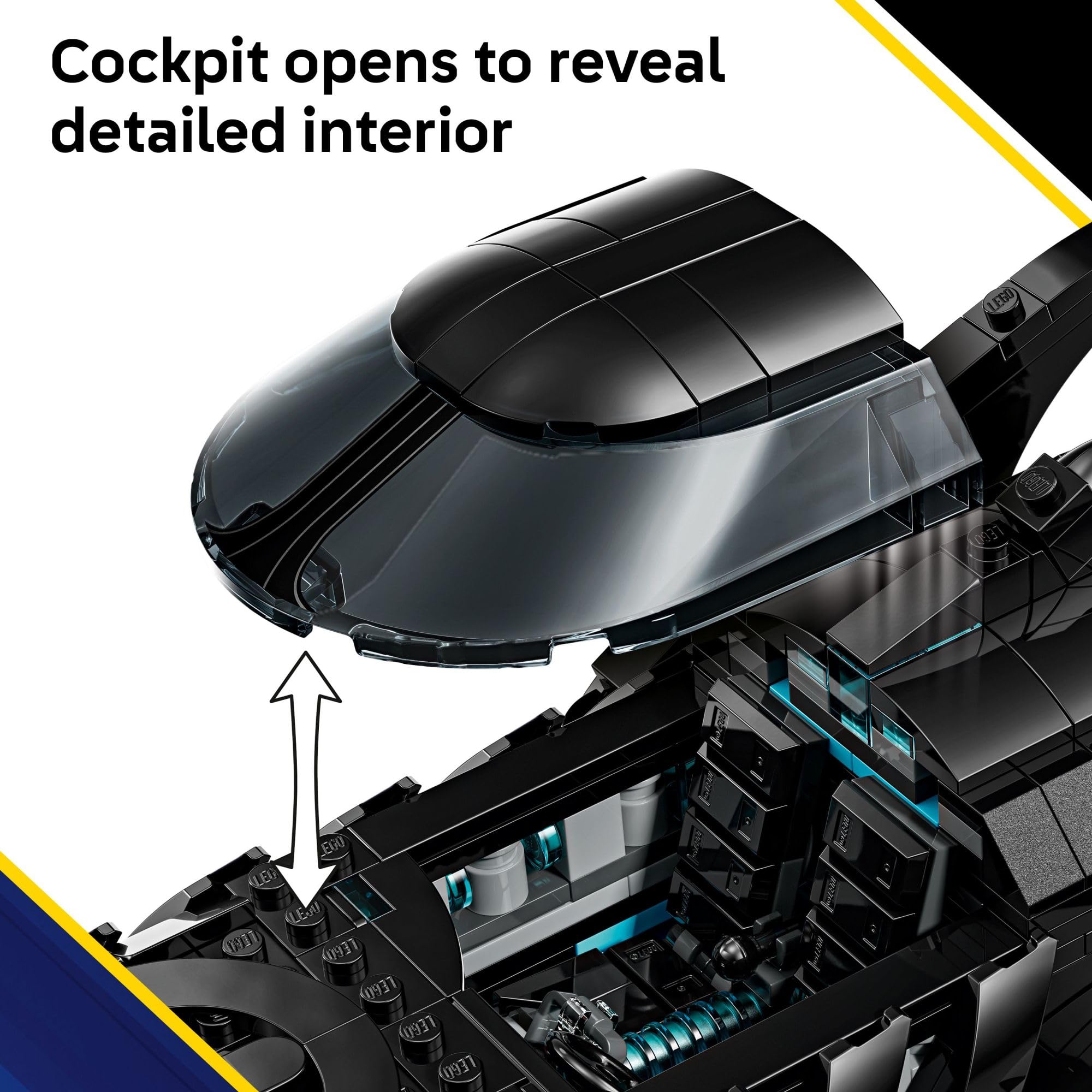 LEGO DC Batman Batmobile minifigure with display stand adds collectible charm.