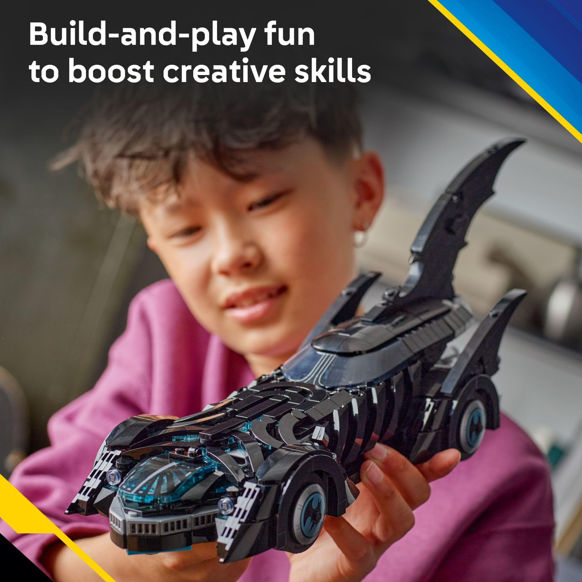 LEGO DC Batman Batmobile windshield detail emphasizes realism and authentic movie styling.