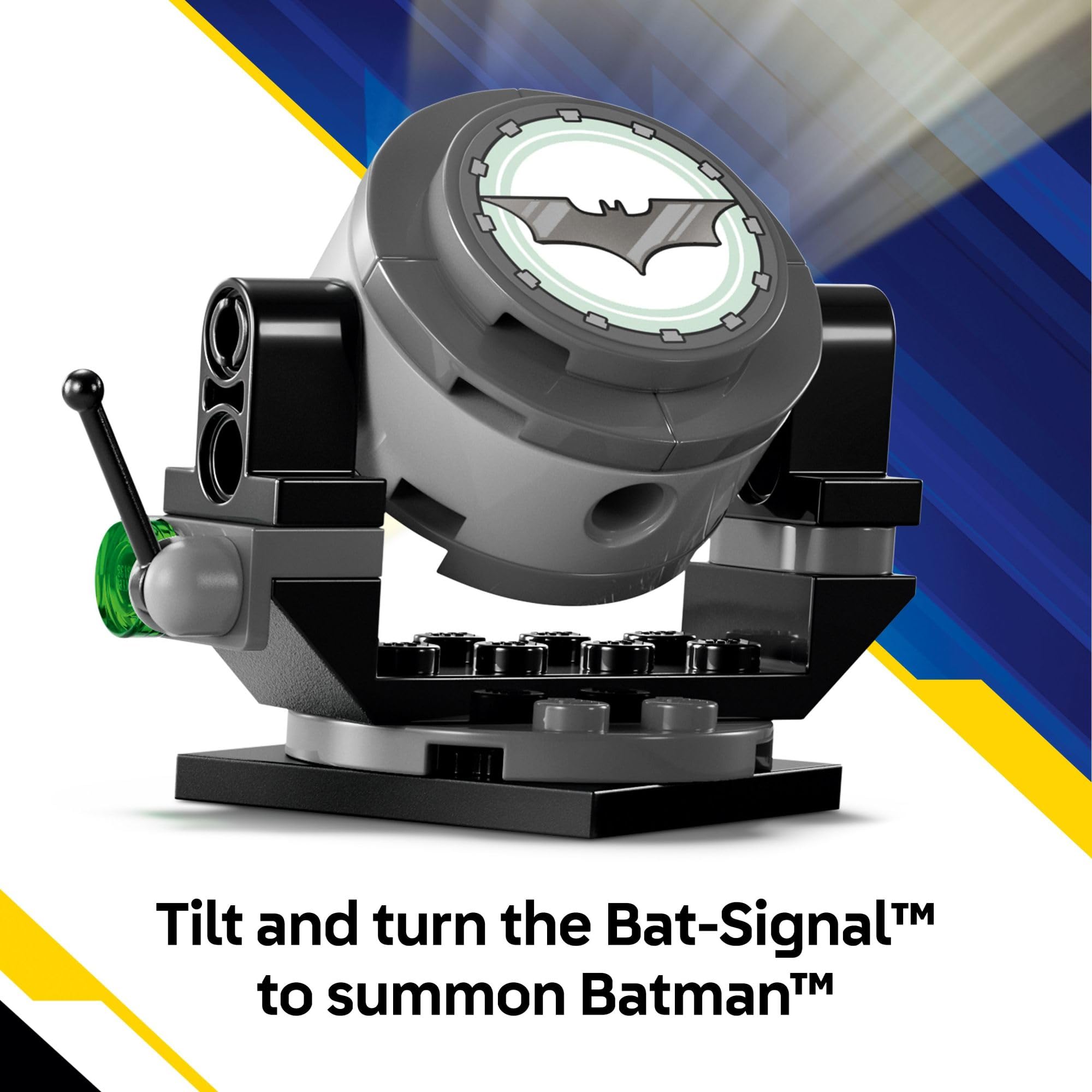 Tilting Bat-Signal on the LEGO Batman Tumbler enhances dramatic signaling.