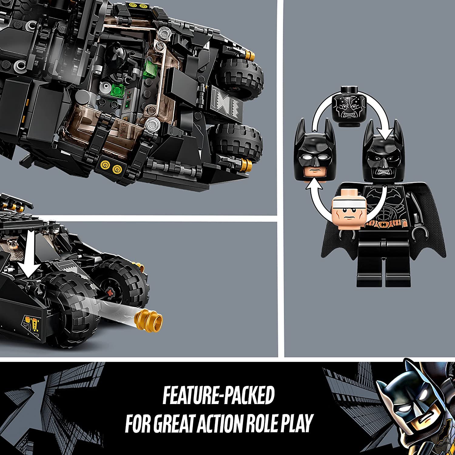 LEGO DC Batman Batmobile Tumbler battle scene display for fans and collectors.