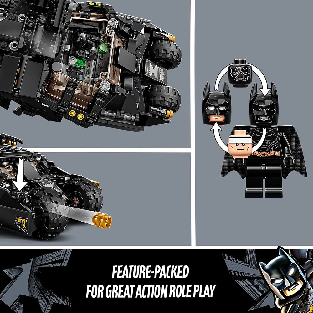 LEGO DC Batman Batmobile Tumbler battle scene display for fans and collectors.