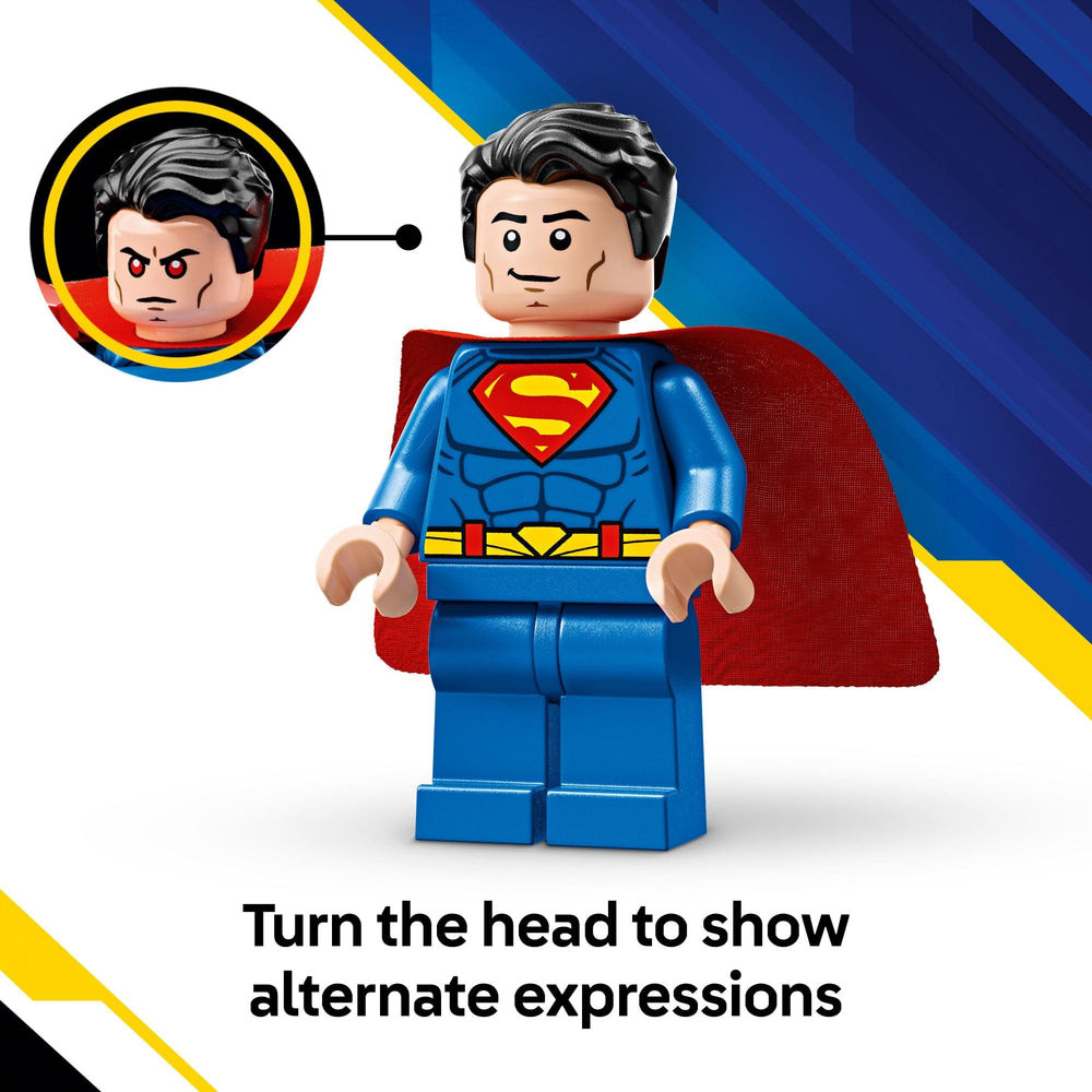 Superman minifigure with fabric cape adds authentic hero visuals for LEGO play.