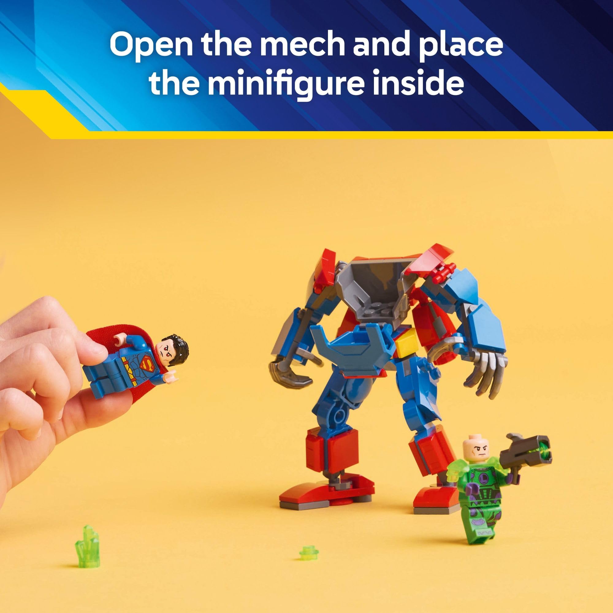 Lex Luthor minifigure with stud shooter and Kryptonite crystal enhances villain battles.