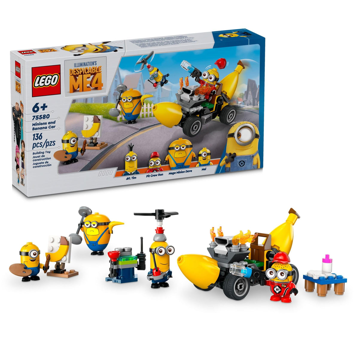 LEGO Despicable Me 4 Minions Banana Car front view showcases playful design for imaginative play.