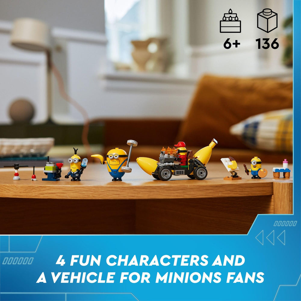 LEGO Despicable Me 4 Minions Banana Car side view emphasizes compact build for portable play.