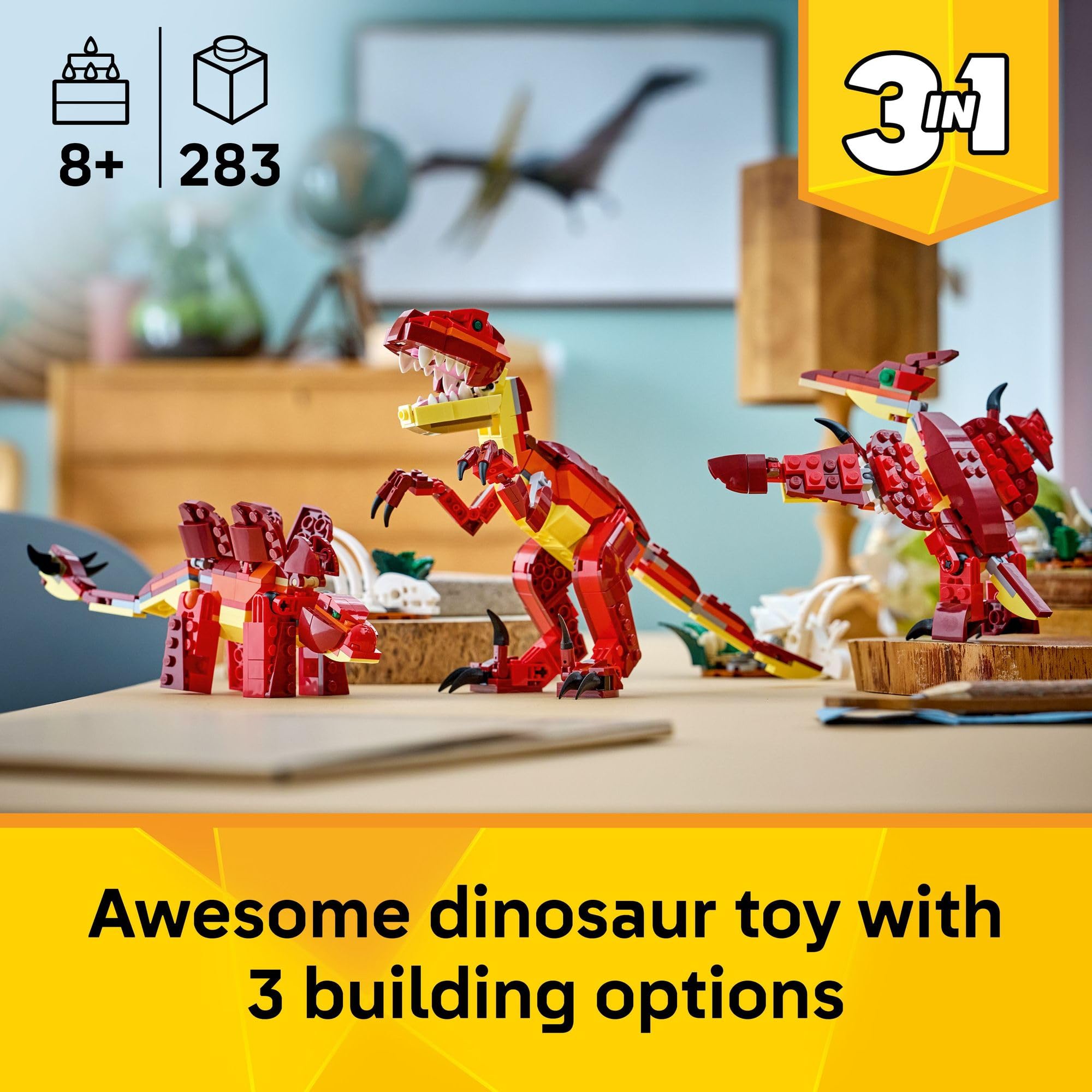 LEGO Velociraptor close-up showing posable jaw and dynamic pose