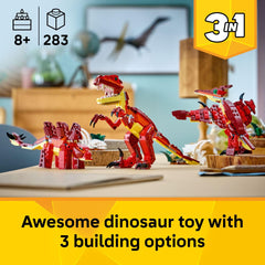 LEGO Velociraptor close-up showing posable jaw and dynamic pose