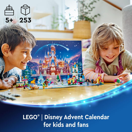 LEGO Disney Advent Calendar 2024 mini figures lineup featuring Elsa, Tiana, Ariel, Mirabel and Moana