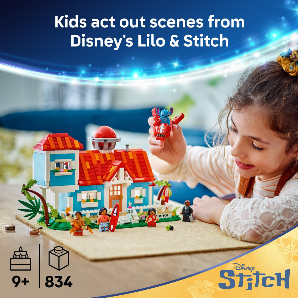 LEGO Disney Lilo and Stitch Beach House interior, revealing multiple rooms for storytelling.