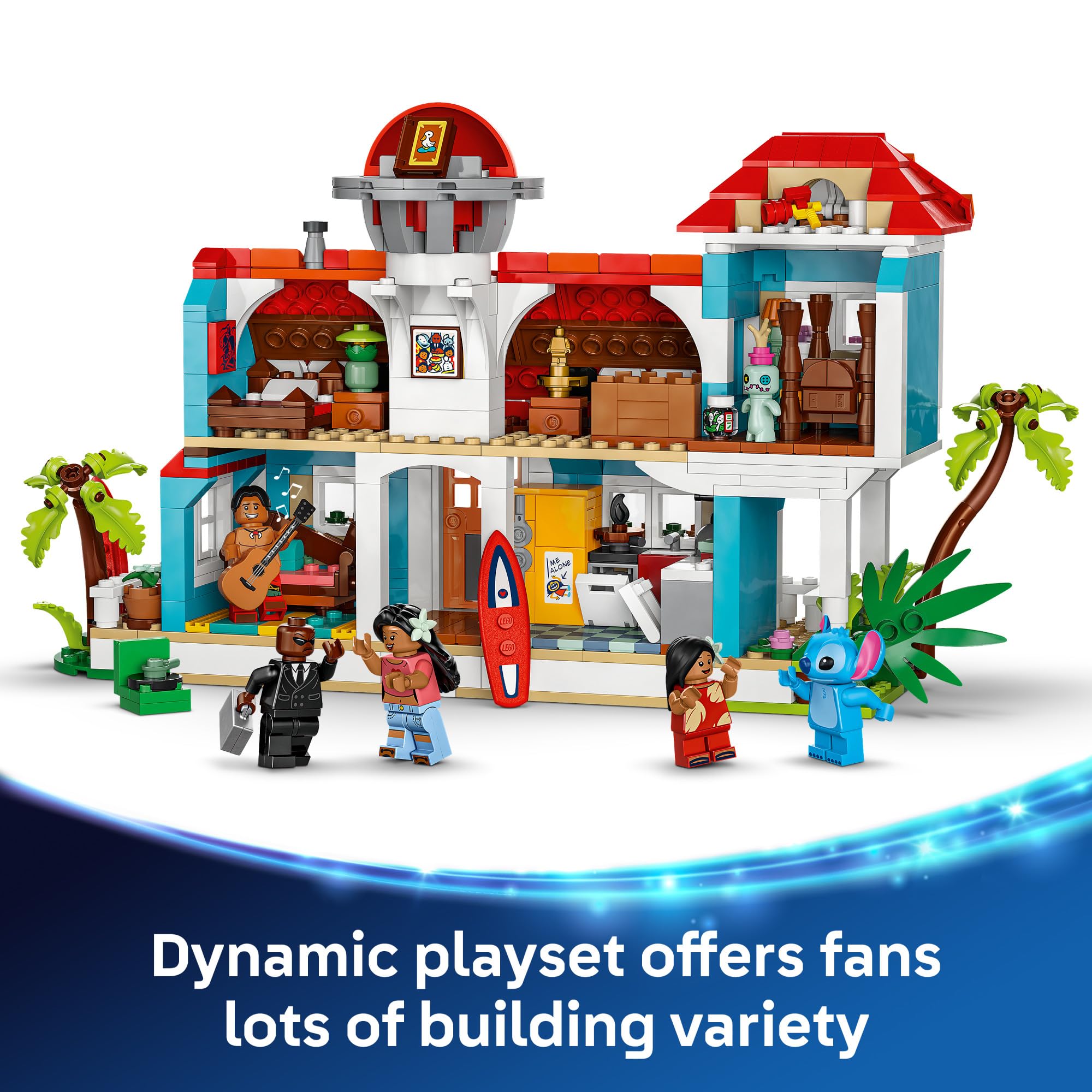 LEGO Disney Lilo and Stitch Beach House spaceship rooftop, unlocking adventurous stories.