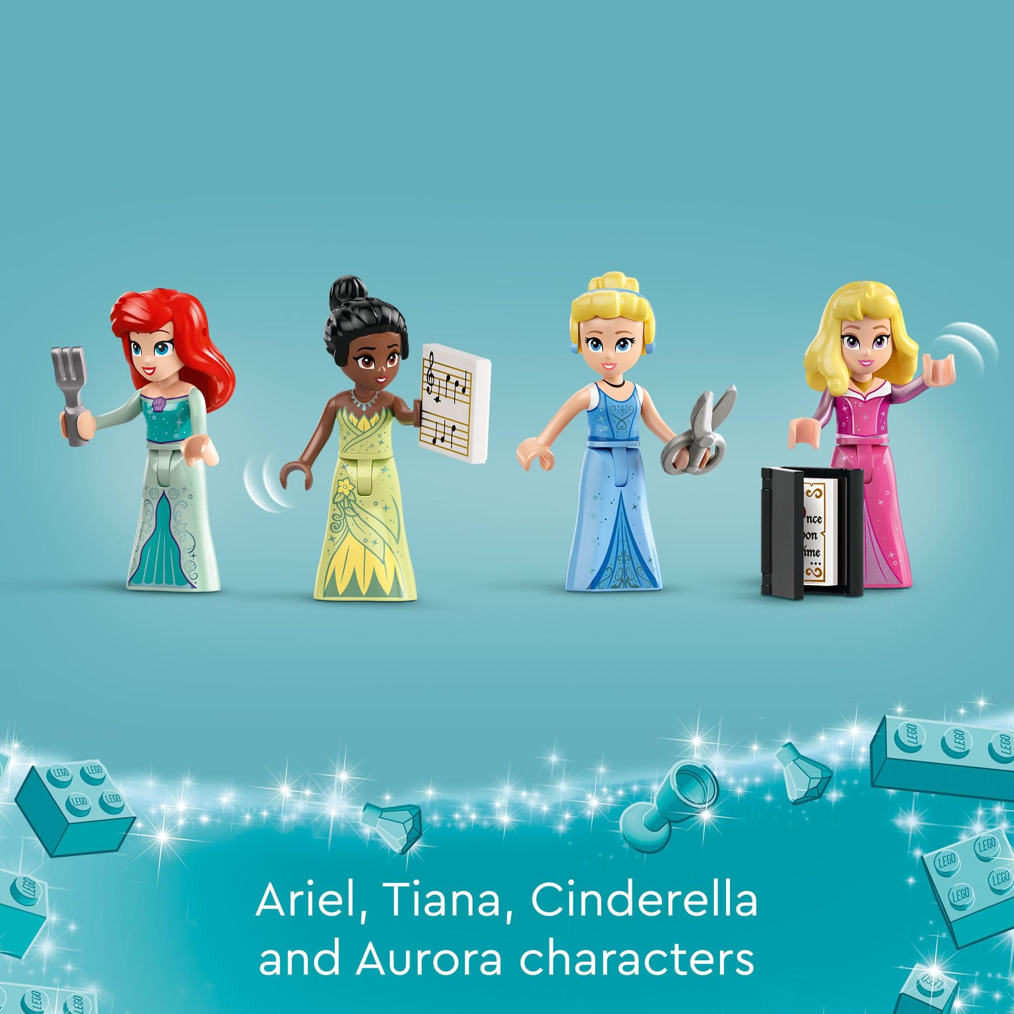 LEGO Disney Princess Market Adventure collectible rings and decorations enhance interchangeable storytelling options.