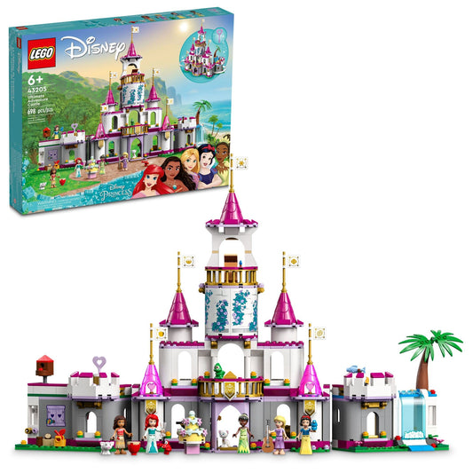 LEGO Disney Princess Ultimate Adventure Castle front view highlights four levels for immersive storytelling.