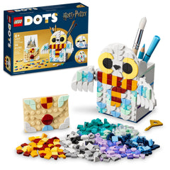 LEGO DOTS Hedwig pencil holder front view enhances desk organization and magical charm.