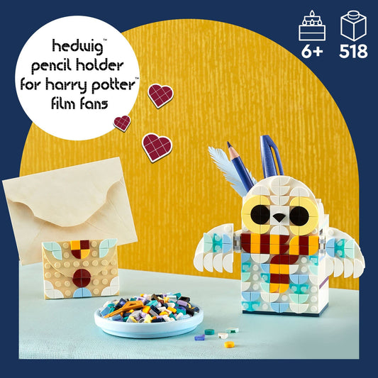 LEGO DOTS Hedwig pencil holder wings open adds whimsical storage and display.