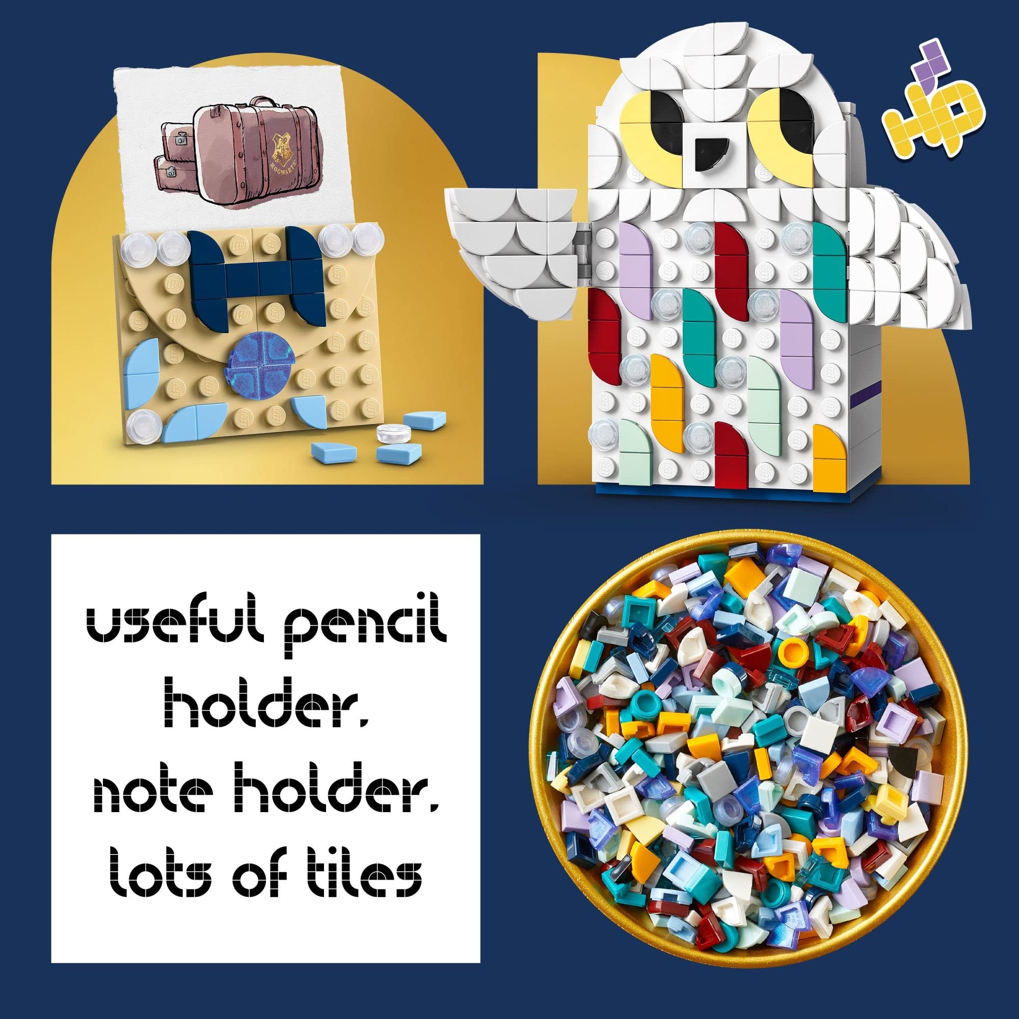 LEGO DOTS Hedwig tiles display for customizable patterns and colorful desk accents.