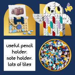 LEGO DOTS Hedwig tiles display for customizable patterns and colorful desk accents.