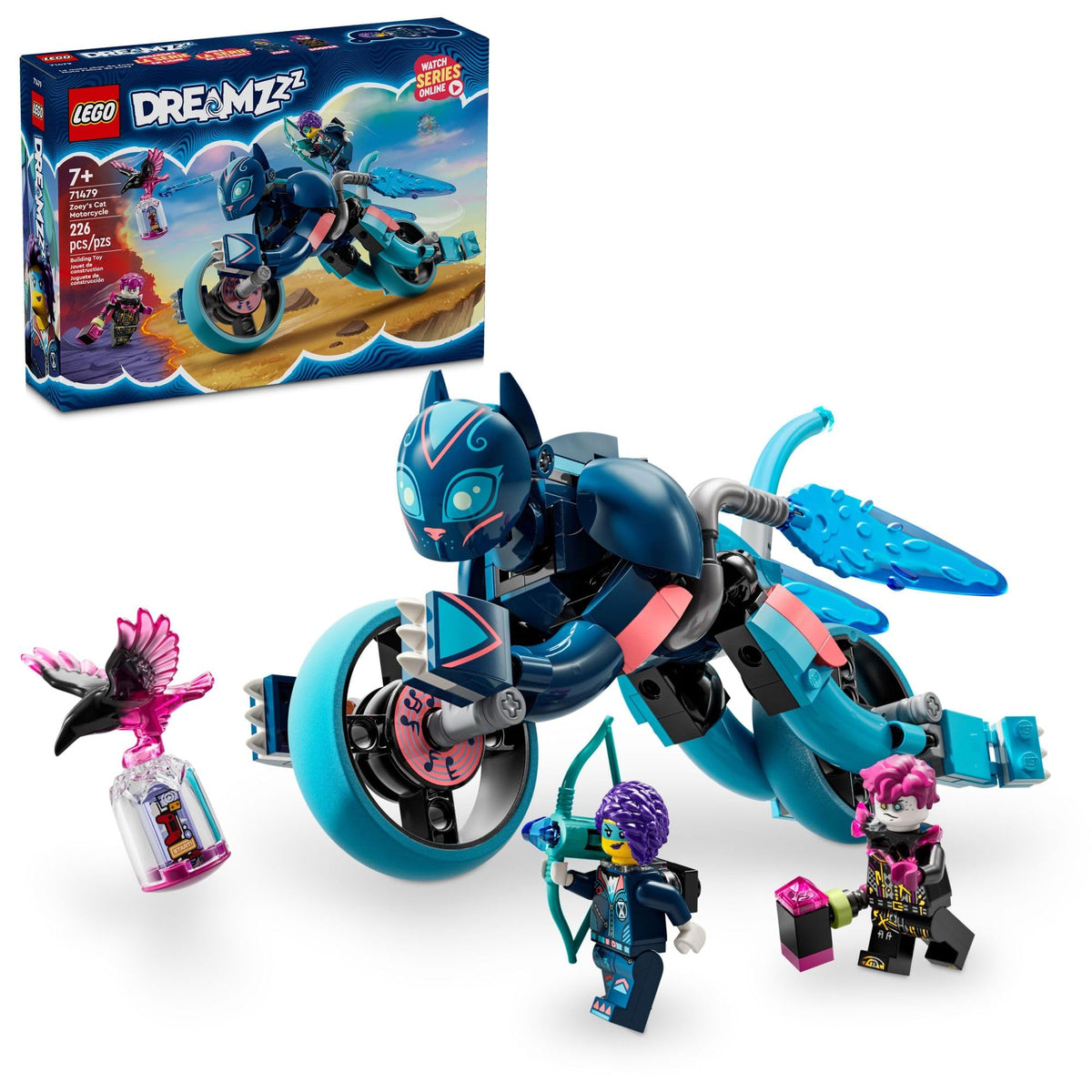 LEGO DREAMZzz Zoey’s Cat Motorcycle front view showing dual builds for imaginative play.